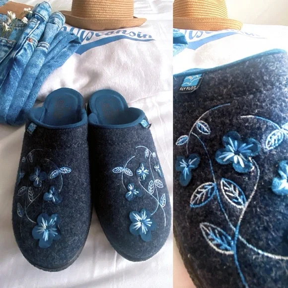 Fly Flot Italian Comfort floral embroidered slip on wool mules - Picture 10 of 14